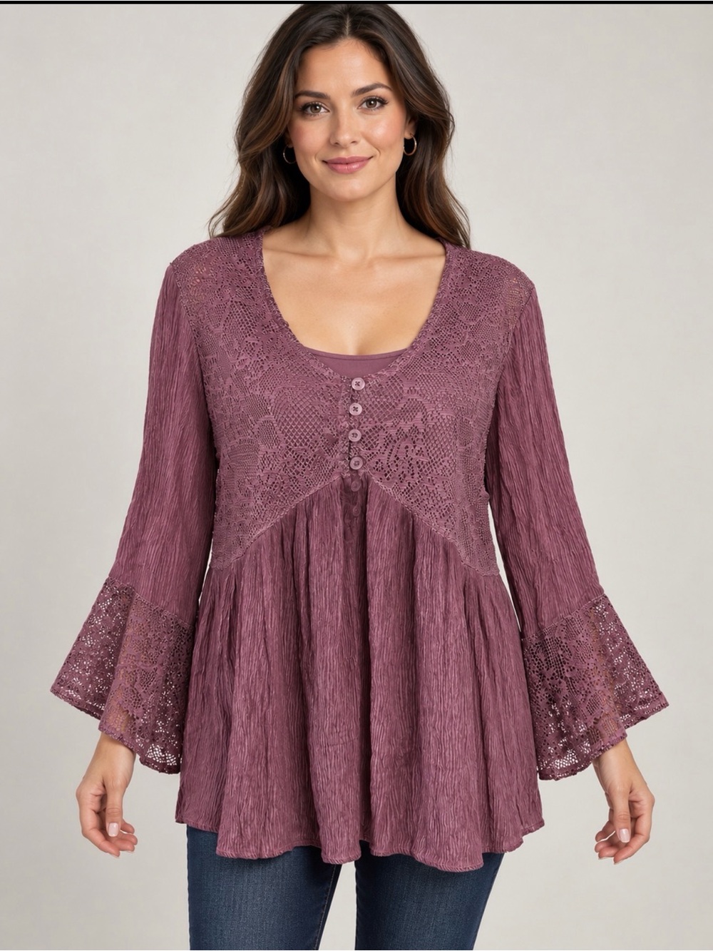 Mauve Crochet-Trim Bell Sleeve Tunic Top - Women